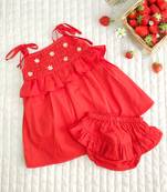 Red cotton smocked baby girl red shoulder knot smocked dress and bloomer set