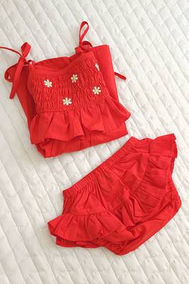Red cotton smocked baby girl red shoulder knot smocked dress and bloomer set 2