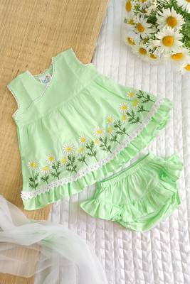 Green daisy field cotton embroidered baby girl mint jabla wrap style dress set 1