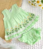Green daisy field cotton embroidered baby girl mint jabla wrap style dress set