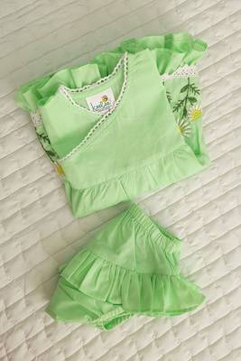 Green daisy field cotton embroidered baby girl mint jabla wrap style dress set 2