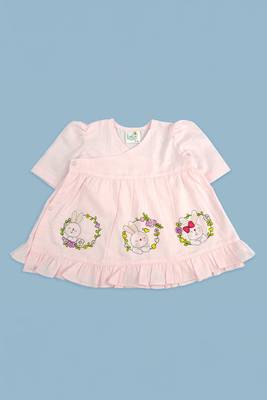 pink cotton embroidered rabbits puff sleeve girls jabla dress 1