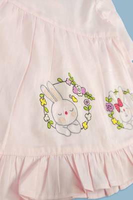 pink cotton embroidered rabbits puff sleeve girls jabla dress 3