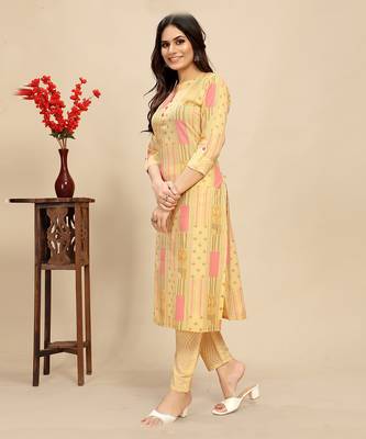 Leeza store women's cotton blend straight printed daily wear casual kurta & pant set 1