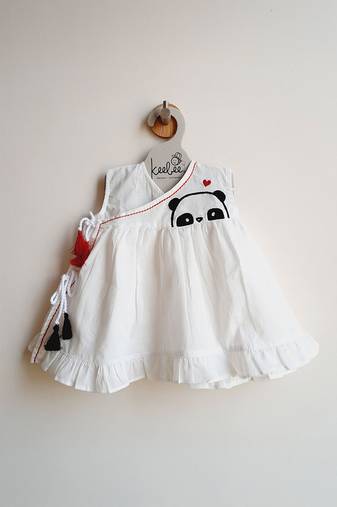 White panda cotton embroidered girls jabla dress