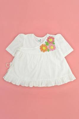 White flowers cotton embroidered white puff sleeve girls jabla dress 1
