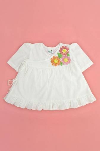 White flowers cotton embroidered white puff sleeve girls jabla dress