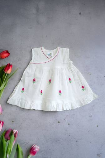 White cotton hand-embroidered girls tulips dress