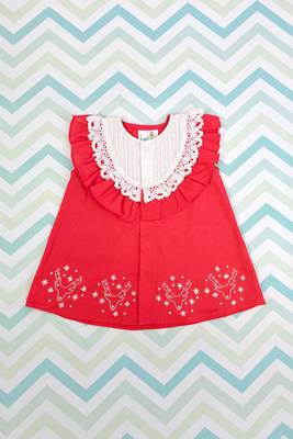 Red cotton embroidered baby girl red button up reindeer dress 1
