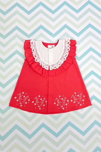 Red cotton embroidered baby girl red button up reindeer dress