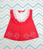 Red cotton embroidered baby girl red button up reindeer dress