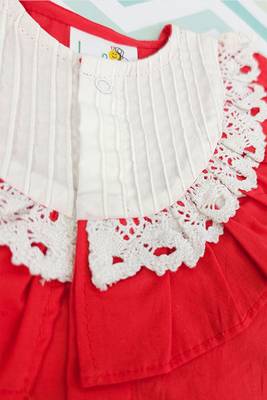 Red cotton embroidered baby girl red button up reindeer dress 3