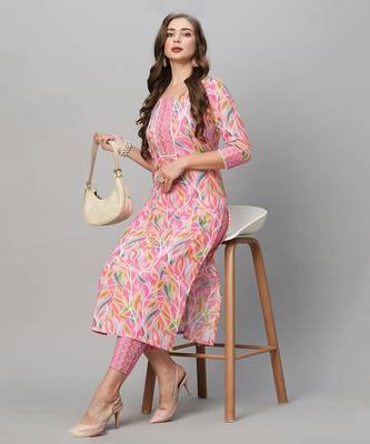 Pink cotton blend casual printed straight kurta pant set 1