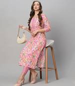 Pink cotton blend casual printed straight kurta pant set