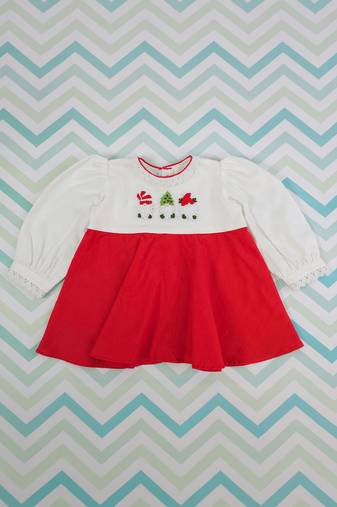 Red and white cotton embroidered gnomes baby girl full sleeve dress