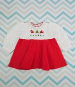 Red and white cotton embroidered gnomes baby girl full sleeve dress