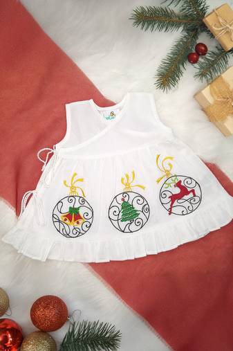 White cotton embroidered girls white jabla xmas decorations wrap dress -