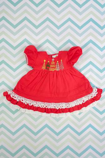 Red cotton girls puff sleeve peony dress - christmas trees