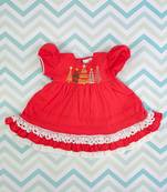Red cotton girls puff sleeve peony dress - christmas trees