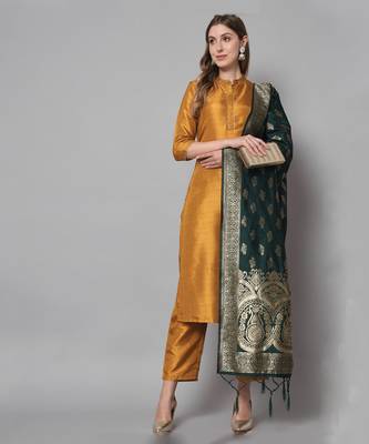 Mustard jacquard cotton silk Kurta Pant With Dupatta 1