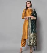 Mustard jacquard cotton silk Kurta Pant With Dupatta