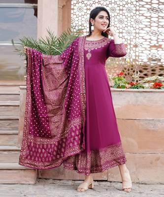 Purple gold printed anarkali kurta with dupatta set 1