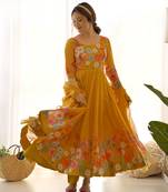 PURE SOFT ORGANJA SILK FABRIC FULLY FLAIR KALI PATTERN AND CANVAS PATTA WITH DUPPTA SET ,PENT READY TO WEAR