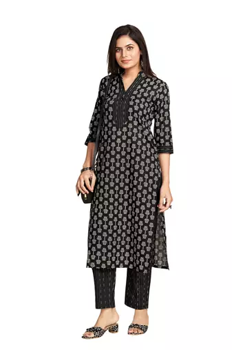 Black printed pure cotton kurta set