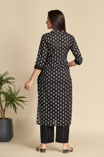 Black printed pure cotton kurta set