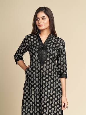 Black printed pure cotton kurta set 1