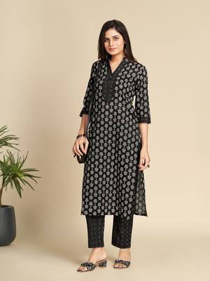 Black printed pure cotton kurta set 4