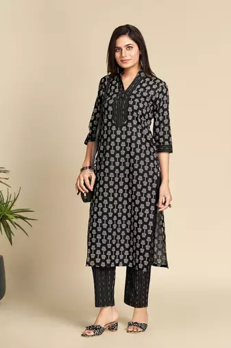 Black printed pure cotton kurta set