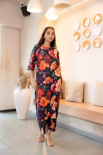 Notched neck floral printed cotton kurta set