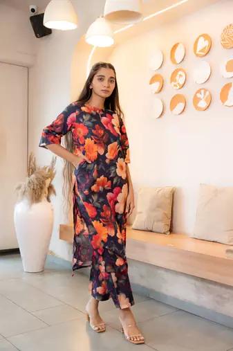 Notched neck floral printed cotton kurta set