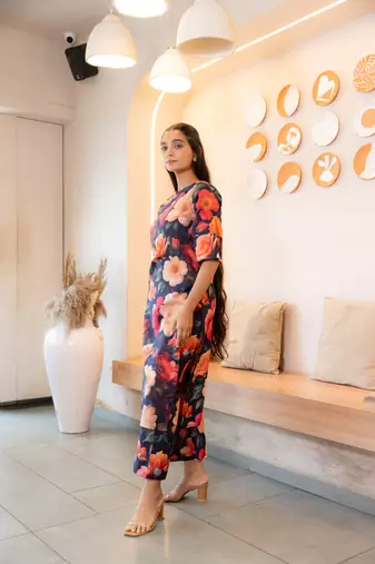 Notched neck floral printed cotton kurta set