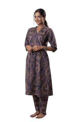 Purple printed cotton a line flared dress with pants 2