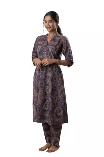 Purple printed cotton a line flared dress with pants