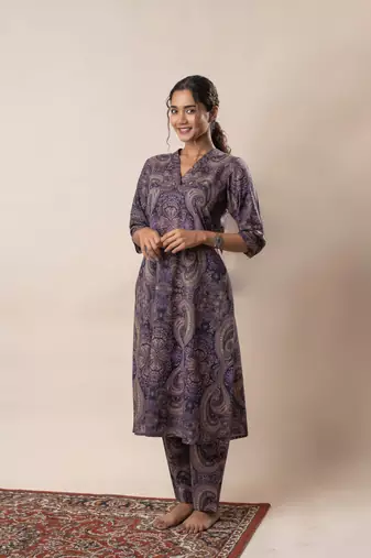 Purple printed cotton a line flared dress with pants