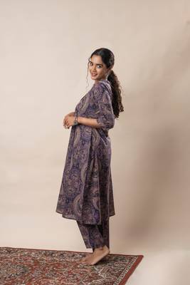 Purple printed cotton a line flared dress with pants 1