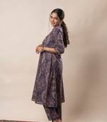 Purple printed cotton a line flared dress with pants