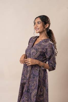 Purple printed cotton a line flared dress with pants 4