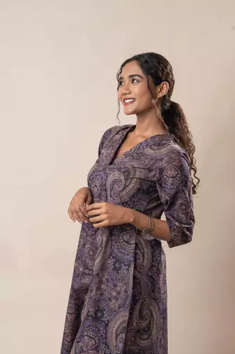Purple printed cotton a line flared dress with pants