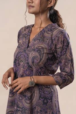 Purple printed cotton a line flared dress with pants 5