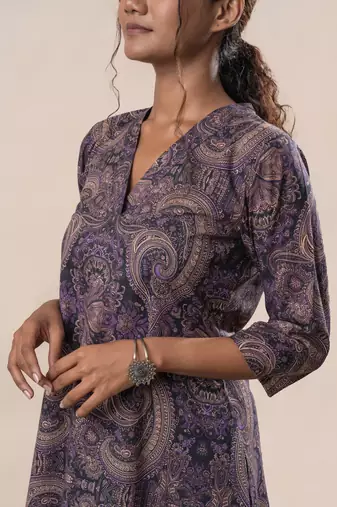 Purple printed cotton a line flared dress with pants