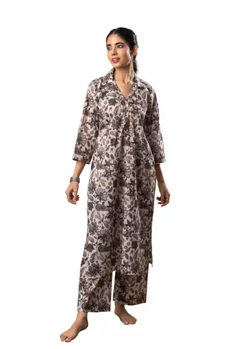 Off white jaal printed cotton kurta set