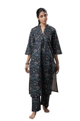Black printed straight cotton kurta set 2