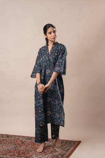 Black printed straight cotton kurta set