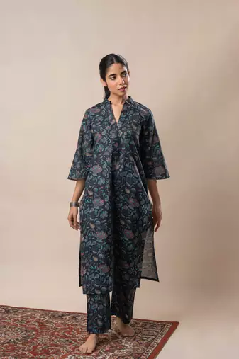 Black printed straight cotton kurta set