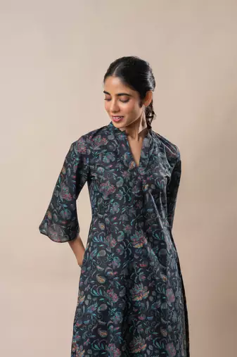 Black printed straight cotton kurta set