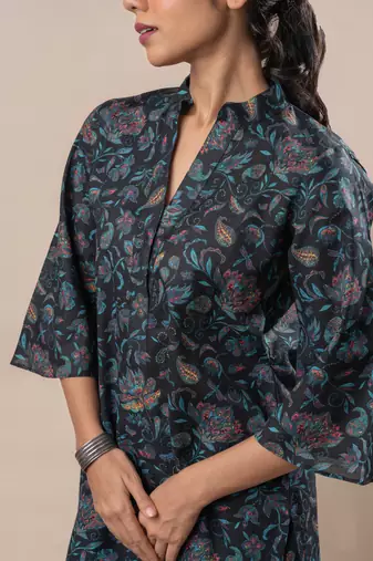 Black printed straight cotton kurta set